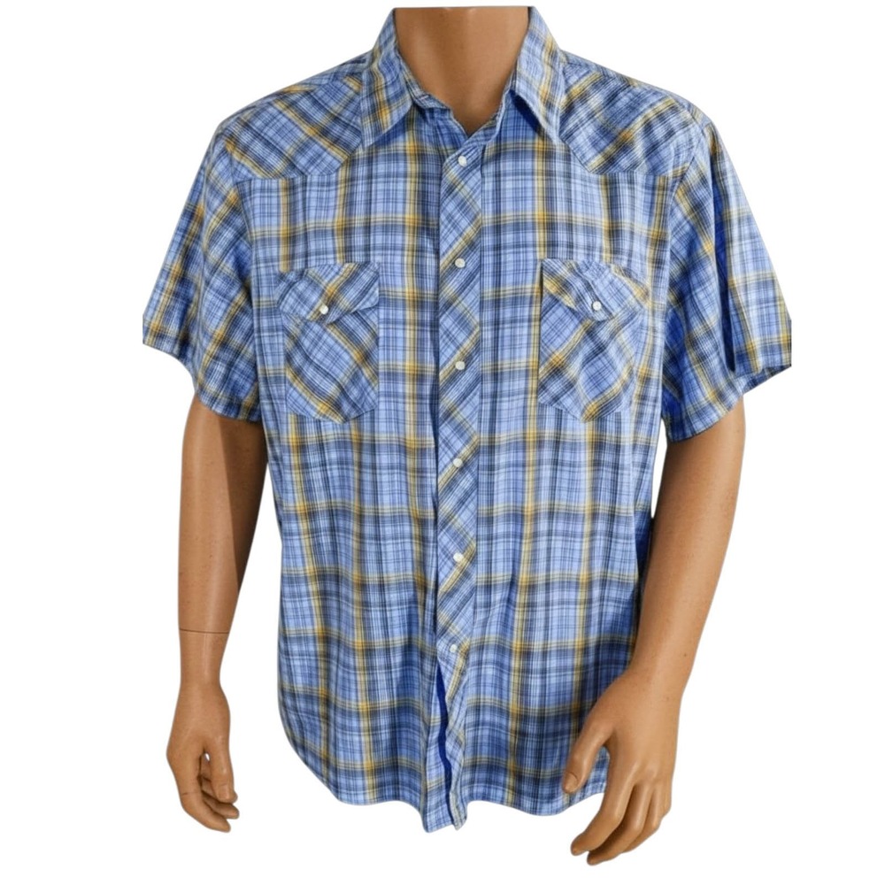 Wrangler‎ Western Shirt 2XL Blue Yellow Plaid Pearl Snap Short Sleeve